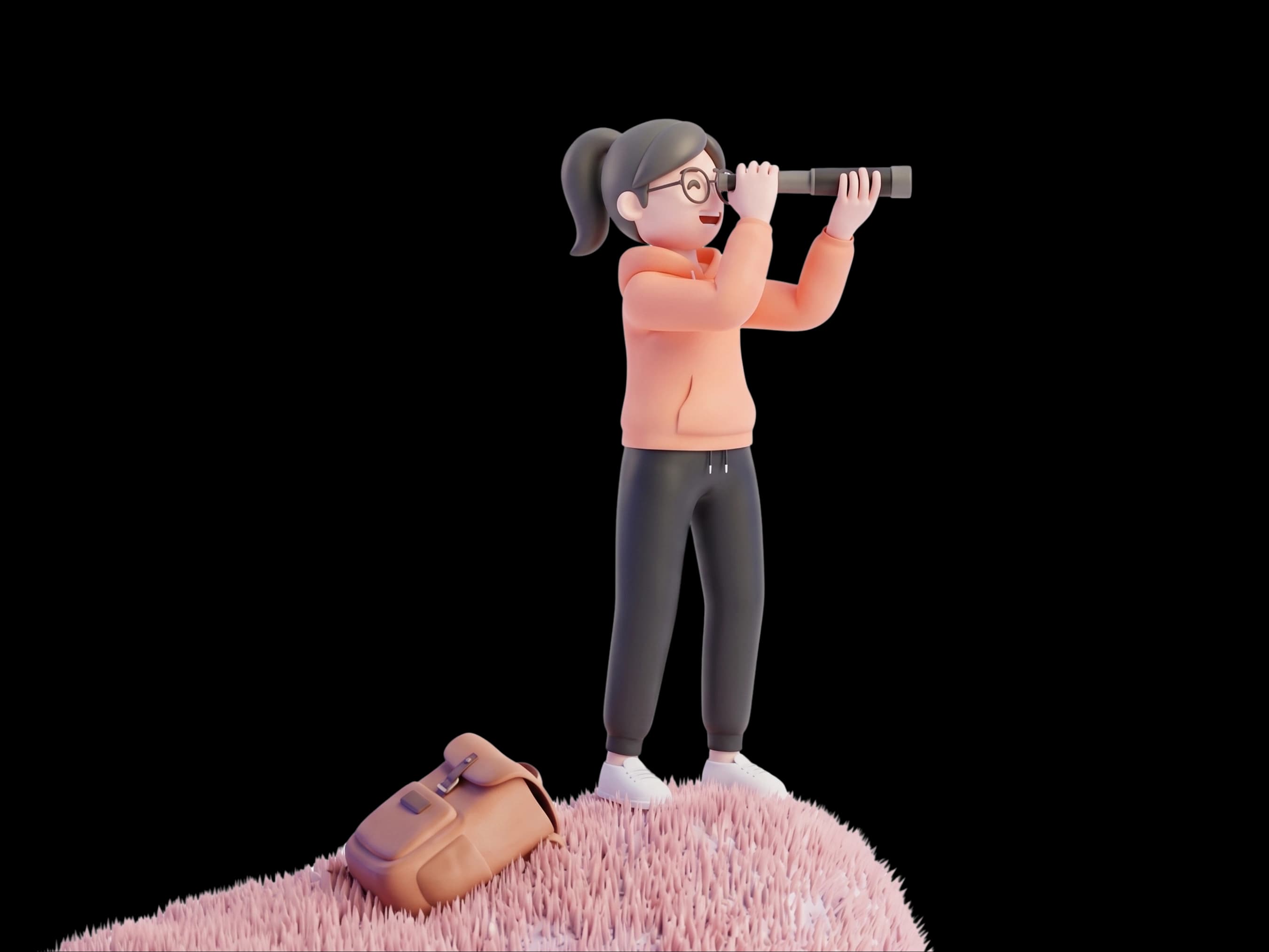 Compass mascot standing on a hill, looking ahead through a telescope, backpack set down beside them